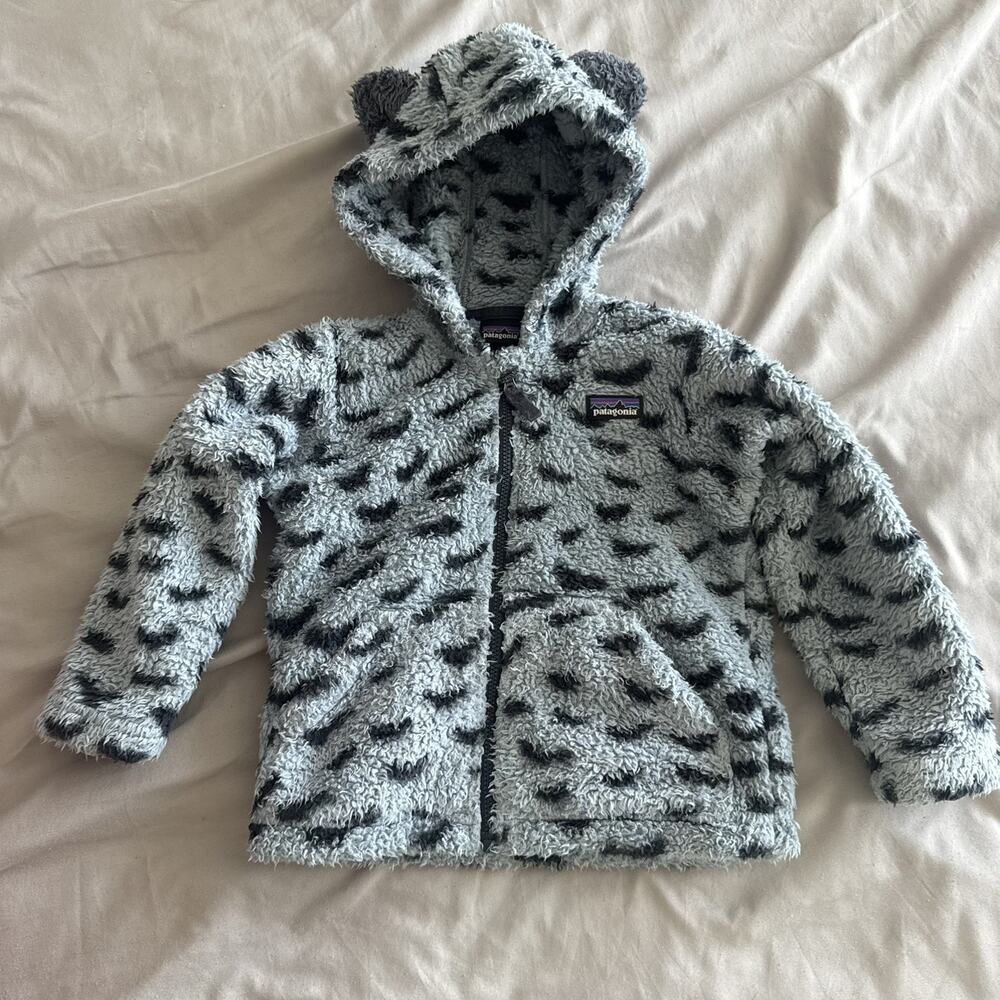 Patagonia Fleece Jacket Boy’s 2T Baby Furry Friends Hoody Blue Dot Bear-Cub Ears